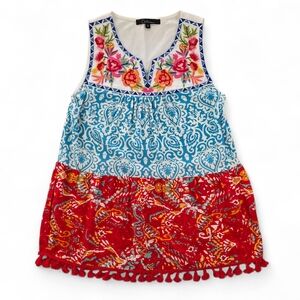 Caleooa Embroidered Floral Boho Peasant Sleeveless Top Tassel Hem Small Rayon